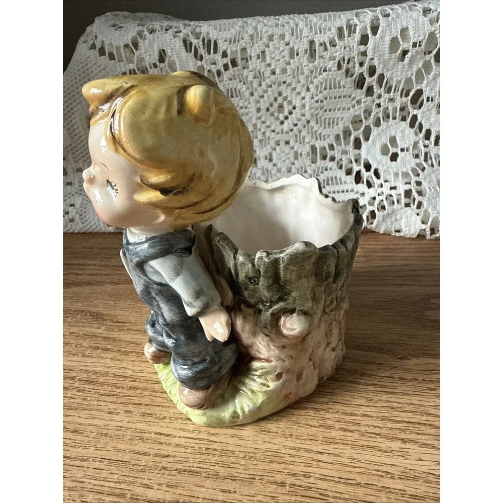 Vintage Enesco Hand Painted Planter Featuring A Boy And A Puppy